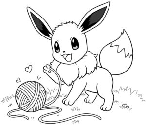 Coloriage 2 de Evoli jouant avec une pelote de laine