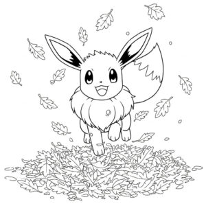 Coloriage 3 de Evoli qui saute dans les feuilles
