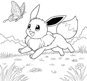 Coloriage 4 de Evoli qui chasse un papillon