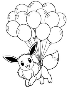Coloriage 7 de Evoli qui s'envole avec des ballons