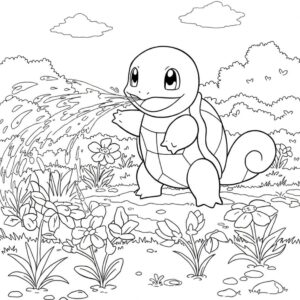 Coloriage 2 de Carapuce qui arrose des fleurs