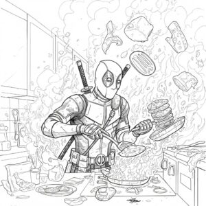 Coloriage 2 de Deadpool qui cuisine