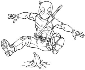 Coloriage 3 de Deadpool qui glisse sur une peau de banane