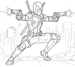 Coloriage 4 de Deadpool qui tire avec son pistolet