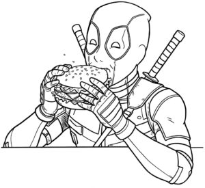 Coloriage 6 de Deadpool qui mange un hamburger