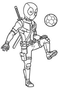 Coloriage 7 de Deadpool qui joue au foot