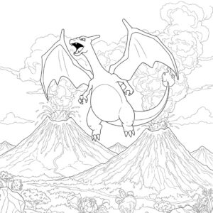 Coloriage 2 de Dracaufeu en haut d'un volcan