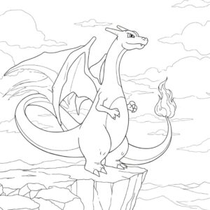 Coloriage 3 de Dracaufeu en haut d'une falaise