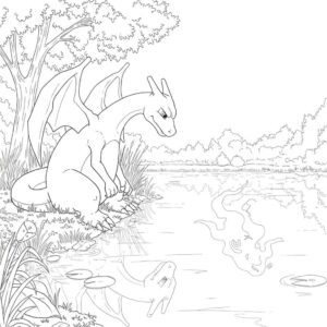 Coloriage 4 de Dracaufeu se regardant dans l'eau