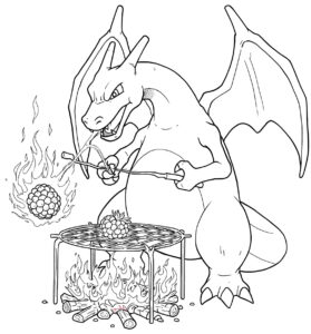 Coloriage 6 de Dracaufeu qui fait un barbecue