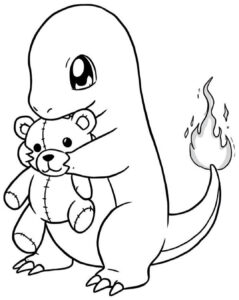 Coloriage 1 de Salamèche avec une peluche