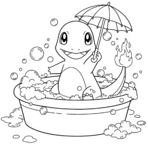 Coloriage 2 de Salamèche qui prend un bain