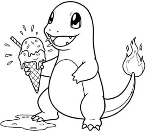 Coloriage 3 de Salamèche qui mange une glace
