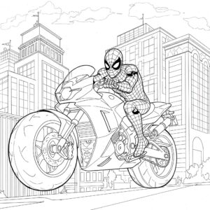 Coloriage 1 de Spiderman à moto en ville