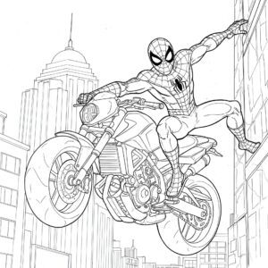 Coloriage 2 de Spiderman à moto sur un building