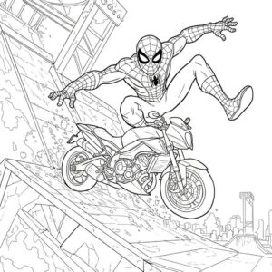 Coloriage 3 de Spiderman en moto dans un chantier