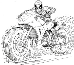 Coloriage 4 de Spiderman avec une moto ayant les pneus en feu