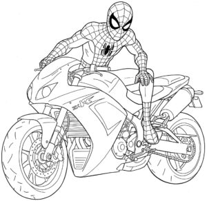 Coloriage 5 de Spiderman qui présente sa moto