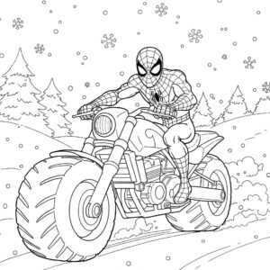 Coloriage 6 de Spiderman à moto sous la neige