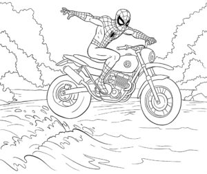 Coloriage 7 de Spiderman qui saute au-dessus de l'eau à moto