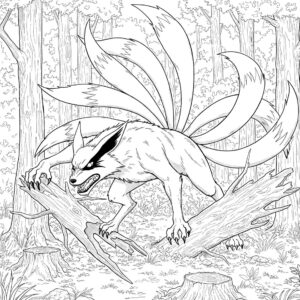 Coloriage 7 de Kyubi qui détruit la forêt