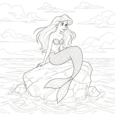 Coloriage 2 de Ariel sur un rocher