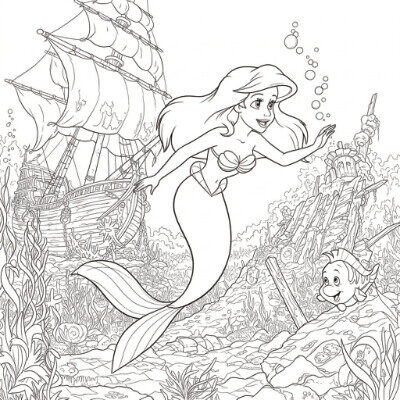 Coloriage 4 de Ariel à côté d'un bateau