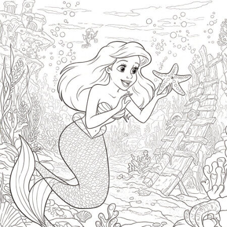 Coloriage 5 de Ariel avec une étoile de mer