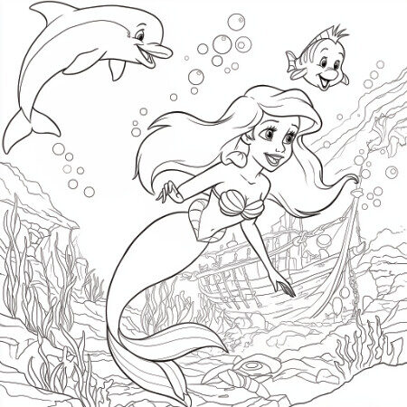 Coloriage 7 de Ariel avec un dauphin