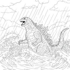 Coloriage 1 de Godzilla remuant la mer
