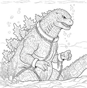 Coloriage 5 de Godzilla enchainé en mer
