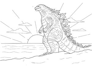 Coloriage 7 de Godzilla devant un coucher de soleil