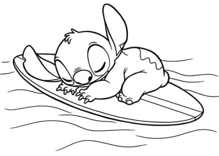 Coloriage 3 de Stitch dort sur une planche de surf