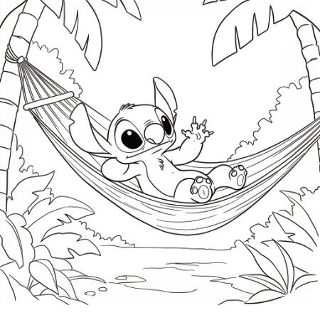 Coloriage 4 de Stitch fait une sieste sur son hamac