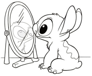 Coloriage 5 de Stitch se regarde dans le miroir