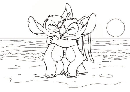 Coloriage 1 de Stitch et Angel se faisant un câlin