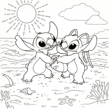 Coloriage 2 de Stitch et Angel qui s'amusent à la plage