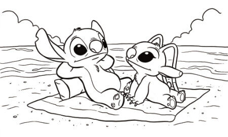 Coloriage 3 de Stitch et Angel qui s'admirent
