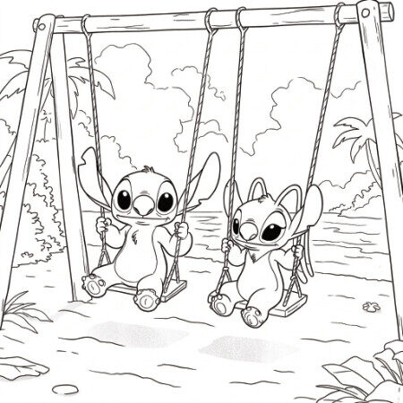 Coloriage 4 de Stitch et Angel qui font de la balançoire