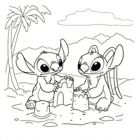 Coloriage 5 de Stitch et Angel qui font un chateau de sable