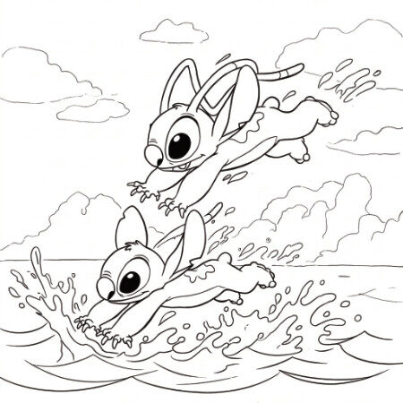 Coloriage 6 de Stitch et Angel qui plongent dans la mer