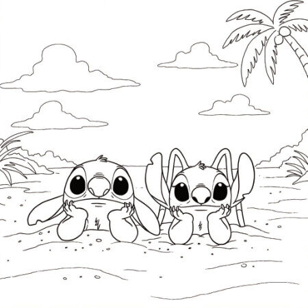 Coloriage 7 de Stitch et Angel allongés à la plage