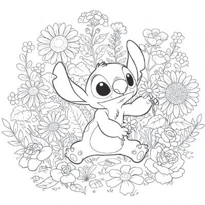 Coloriage 2 de Stitch mignon avec des fleurs