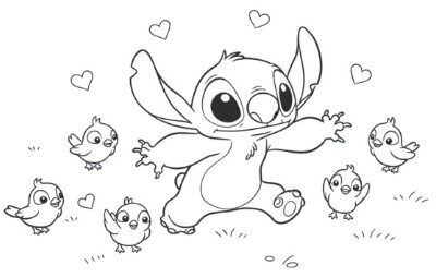 Coloriage 4 de Stitch mignon entouré d'oiseaux