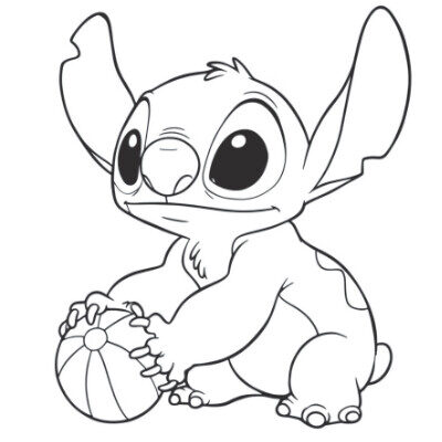 Coloriage 6 de Stitch mignon qui joue au ballon