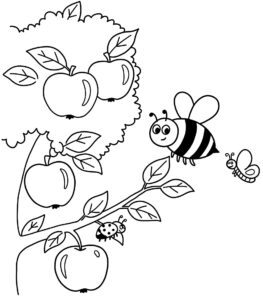 Coloriage 4 d'une abeille sur un arbre