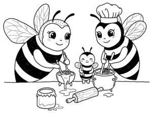 Coloriage 6 d'abeilles cuisinant du miel