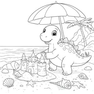 Coloriage 2 de dinosaure à la plage