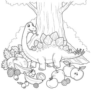 Coloriage 5 de dinosaure qui mange des fruits