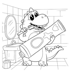Coloriage 6 de dinosaure qui se brosse les dents